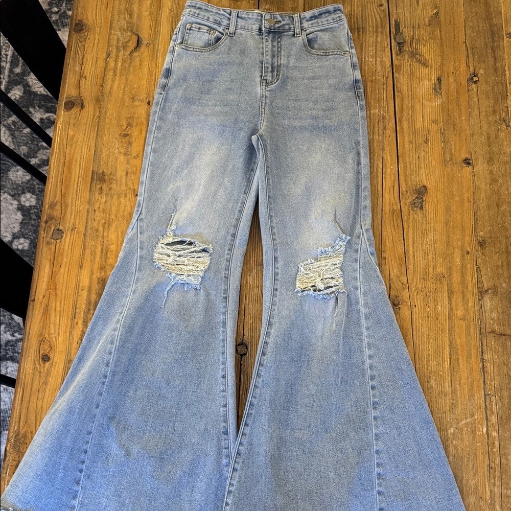Three Bird Nest Light Blue Distressed Flare Jeans